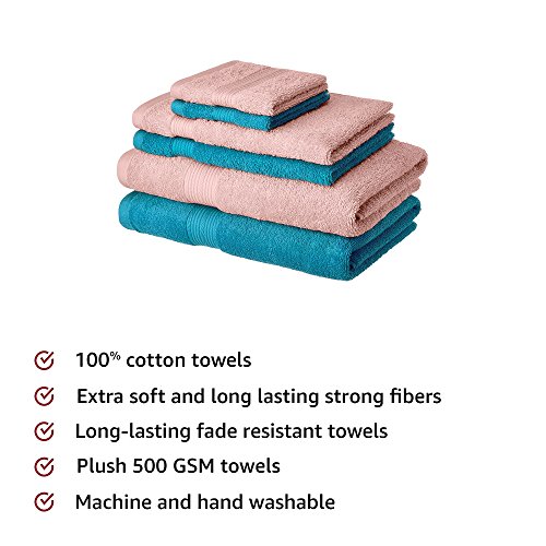 Image of Amazon Brand - Solimo 100% Cotton 6 Piece Towel Set, 500 GSM (Turquoise Blue and Baby Pink)