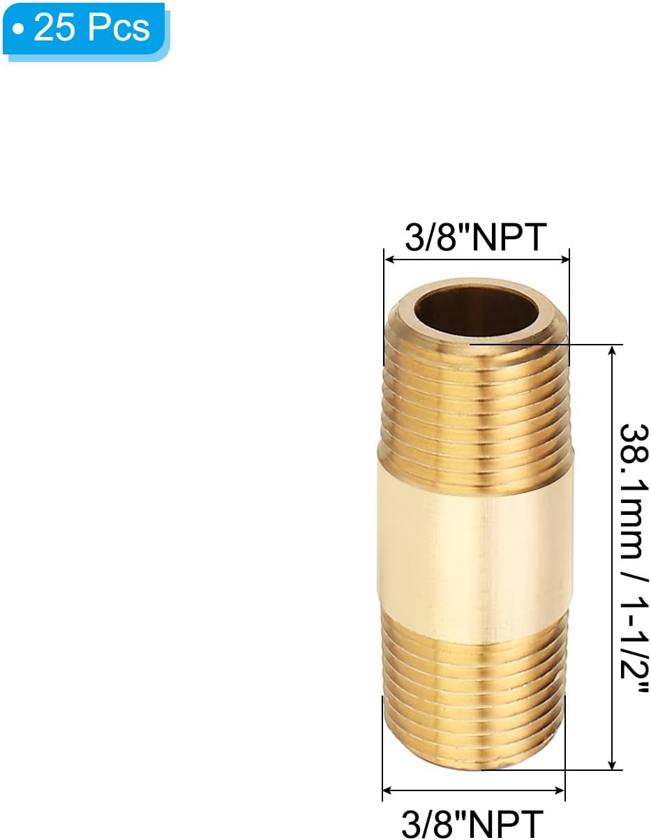 PATIKIL 3/8" x 3/8" NPT Male Brass Pipe Fitting Long Nipple, 25Pcs 1-1/2" Long Straight Pipe Fitting Connector Extender for Fuel, Air, Water, Oil, Gas System Connection, 1200PSI