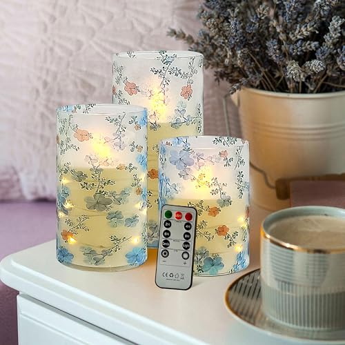 Image of Flickering Flameless Candles Vintage Blue Floral Print, Embedded Star String Lights, Battery Operated Acrylic LED Pillar Candles with 11-Key Remote and Timer for Home Decoration, 3 Pack