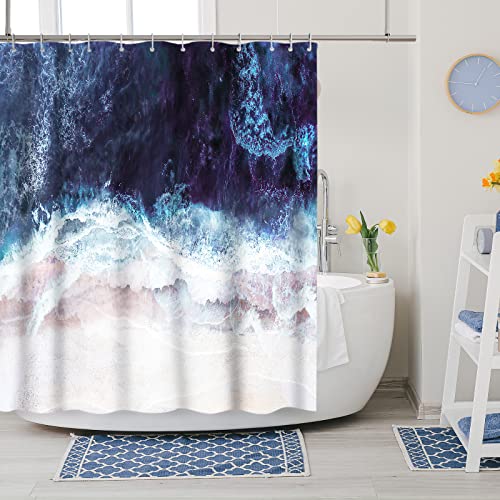 Ohshining Beach Shower Curtain Blue Ocean Shower Curtain For Bathroom Abstract White Sea Wave Summer Scene Waterproof Fabric Shower Curtains Hotel Home Bathroom Accessories Gifts 72X72, Ocean #TOP1