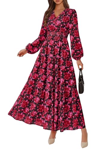 PRETTYGARDEN Long Sleeve Maxi Fall Dresses for Women 2025 Vneck Smocked Boho Floral Tiered Swing Flowy Wedding Guest Dress3