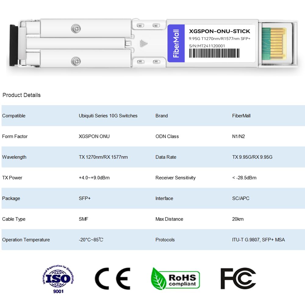 fiber mall XGSPON ONU Stick SFP+ with MAC Optical Transceiver,Version 8311,Compatible Ubiquiti Mikro-TIK Netgate TP Link 10G Switches and Routers SMF 9.953G-TX/9.953G-RX,1270 nm-TX/1577 nm-RX