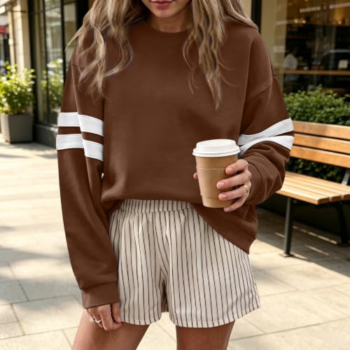 Oversized Crewneck Sweatshirt Women Varsity Striped Drop Shoulder Pullover - image 2