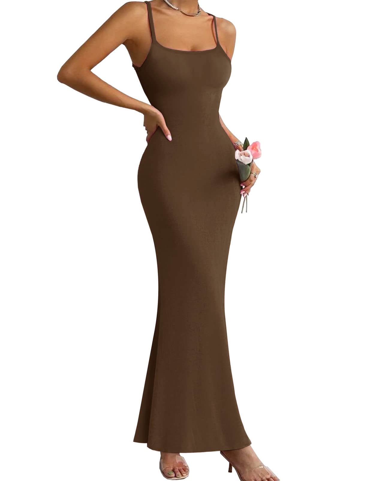 AIMILIA Women's Long Slip Bodycon Maxi Dress Lounge Casual Sexy Spaghetti Strap Sleeveless Tight Dresses