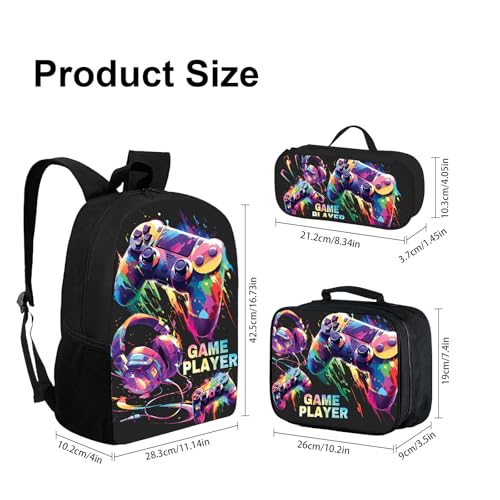 3Pcs Boys Gamer Backpack for School 17 Inch Gamer Bookbag with Lunch Box and Pencil Case, Reusable School Backpacks Set for Kids Children Teens Elementary4