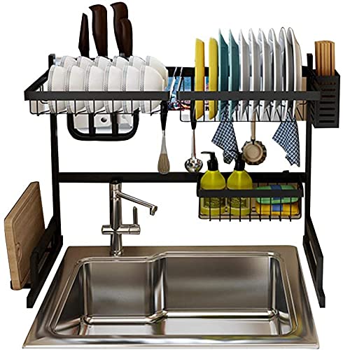 GALAXGO Large Capacity Space Saver 2 Tier Stainless Steel Over Sink Dish Drainer Display Stand Rack with Kitchen Utensils Holder, Sponge Holder, Chopping Board Rack and Hooks Black (L*W*H 85*34*54)