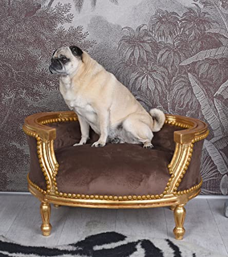 Hundebett „Marie Antoinette“ – Barock-Rokoko Haustierbett mit antik-patiniertem Holzrahmen & Volutenform, H40×B70×T47 cm cat704a70 Palazzo Exklusiv