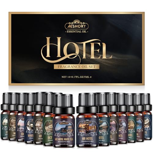 AESHORY Aceites Esenciales Hoteles para Humidificador 14 x 5ML, Aceite de Fragancia Aromaterapia de Hoteles- Marriott, Westin, White Tea, Ritz Carlton, Hilton, Aria Hotel Las Vegas y Otros