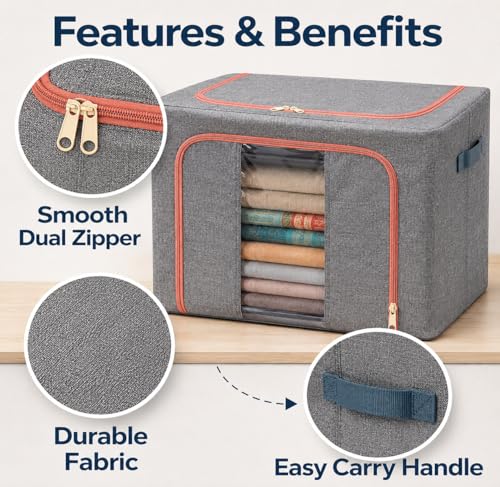 Image of DecorTwist Steel Frame Foldable Storage Box - Wardrobe Organizer for Clothes, Sarees & Blankets | Moisture-Proof Oxford Fabric | 65 Ltr (Pack of 1)
