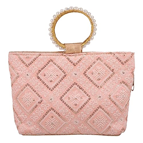 Image of Heart Home Clutch Bag | Zig Zag Chicken Silk Embroidery | Moti Churi Handle | Hand Purse for Woman | Party Bags for Woman | Wedding Clutch Purse | Pack of 2 | Peach