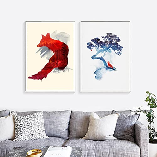 Toile peinture renard rouge style BD nordique lot de 2 affiches abstraites sans cadre 50x70 cm