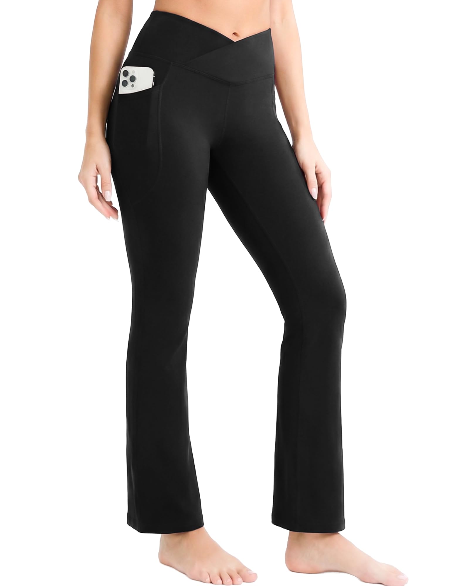 Yogaration Flare Leggings with Pockets, Crossover High Waisted Bootcut Yoga Pants Women, 29'' Bell Bottoms for Workout