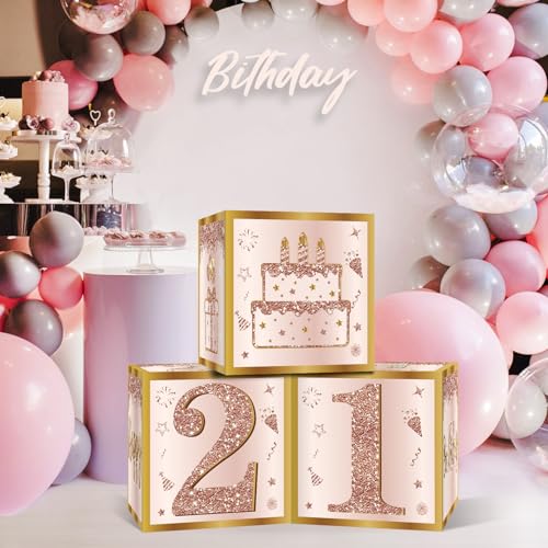 Image of Guiruiy 3Pcs 21st Birthday Decorations Boxes for Women, Pink Rose Gold 21st Birthday Balloons Boxes Party Supplies, Pink Twenty-One Year Old Bday Theme Cardboard Box Decor