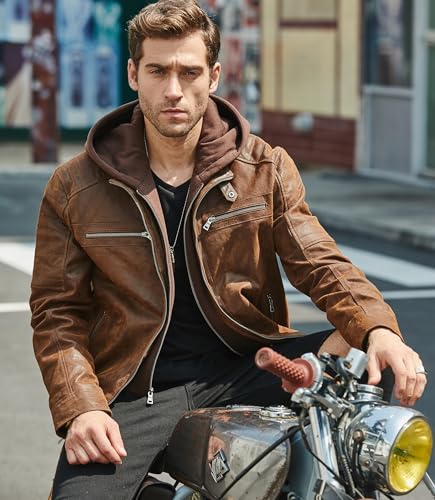 FLAVOR Men's Real Leather Motorcycle Biker Jacket with Removable Hood Brown4