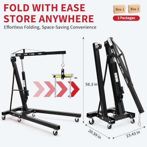 Image of 2 Ton Folding Hydraulic Engine Hoist with Load Leveler 4400 LBS Capacity Heavy Duty Cherry Picker 6 Swivel Wheels&Hydraulic Pump Adjustable Boom (0.5T-2T) for Garage Workshop Warehouse Black