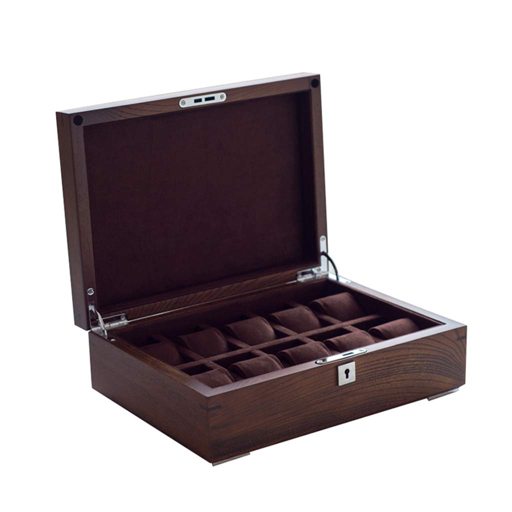 HVMBEUGOS Watch Display Storage Box Watch Storage Box Wooden 10 Slots With Lock Flocking Lining Men'S/Women'S Watch Jewelry Storage Display Box - 30×21.5×10cm