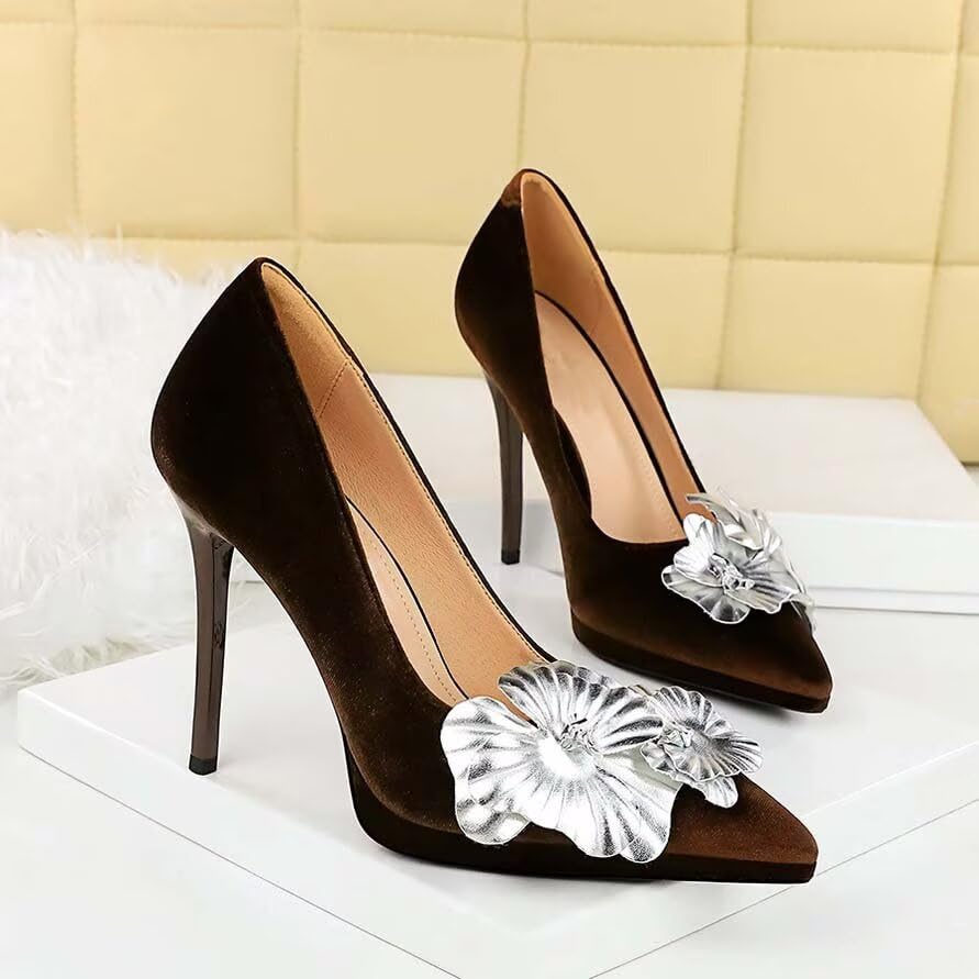 JOEupin Women's Pumps Slip On Stiletto Pumps with Metal Flowers Classic Pointed Closed Toe High Heels Elegant Dress Shoes3