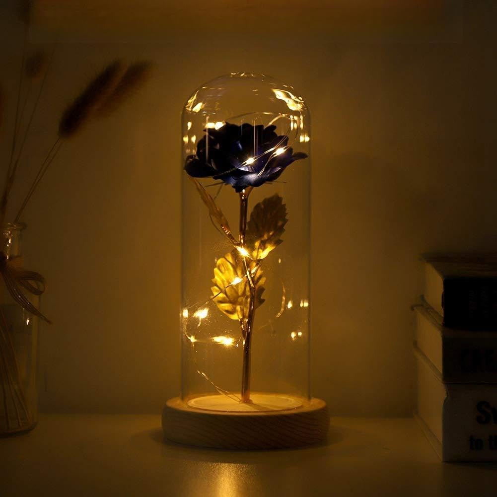 Flor preservada azul HUSHUI con luces LED y base de madera natural