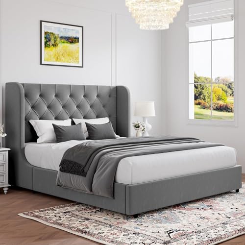HOMBCK Grey Queen Bed Frame, Velvet Upholstered Platform Bed Frame