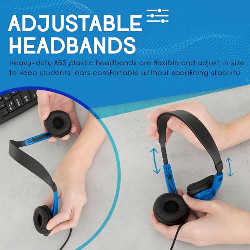 Image of Egghead Heavy-Duty Kids' Stereo Headphones with Padded Ear Cups and 4' Cord, Adjustable Tangle-Free Stereo School Headphones, Pack of 20, Blue