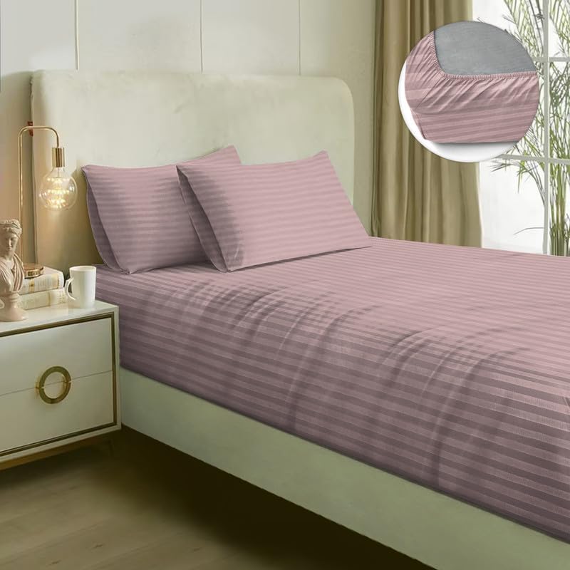 Image of NAKSH Elastic Fitted Bedsheets King Size 78 x 72 Inch, 210 TC Stripes Pure Cotton, Cameo Rose | 1 King Size Bedsheet with Elastic Fitted and 2 Pillow Covers
