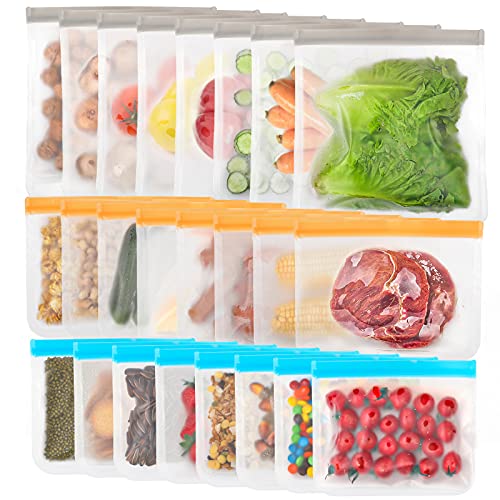 Reusable Snack Bags, 24 Pack Reusable Food Storage Bags (8 Reusable Gallon Bags, 8 Reusable Sandwich Bags, 8 Reusable Snack Bags) Reusable Freezer Bags Leak Proof Reusable Bags with Different Sizes