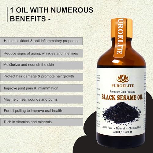 Image of Puroelite Cold Pressed Black Sesame Seed Oil | 100 ml Each (Pack of 2, 200 ml Total) | 100% Pure & Natural | For Face, Hair & Body Care | Glass Bottle with Dropper