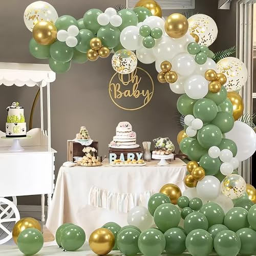 152 Pièces Kit Arche Ballon Vert Et Or, Rétro Vert Olive Sauge avec Confettis or Blanc, Ballons Anniversaire pour Anniversaire, Mariage, Décoration de Baby...