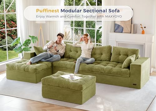 Image of MAXYOYO 132 inch U Shaped Modular Sectional Sofa with 2 Ottomans, Cloud Boneless Couch with Layered Cushion, Flexible Module Combination Sofa for Living Room, No Assembly Required, Green