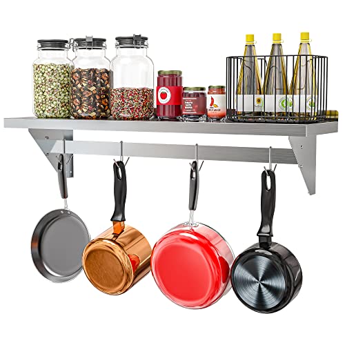 Koolmore Commercial Wall Mounted Pot Rack Organizer Shelf with 4 Removable Storage Hooks for Pots and Pans, Utensils, Kitchen Cooking Accessories, Stainless-Steel Holder (WMPS-1248), 12'' X 48''