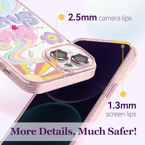 Coque MagSafe iPhone 14 rose à paillettes protégeant l'objectif photo