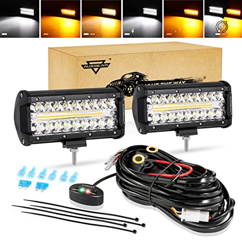 Auxbeam 7 Inch LED Bar 300W Amber White Pod 6 Modes Offroad Driving Spot Work Light With Wiring Harness for Trucks Car Pickup ATV Jeep Boat Golf Cart (Pack of 2)