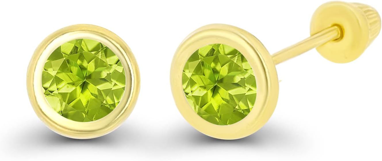 Solid 14K Gold Hypoallergenic 4mm Round Solitaire Genuine Birthstone Bezel Screw Back Stud Earrings