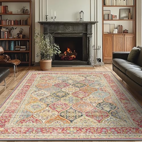 Area Rugs 8x10 Rug for Living Room, Non Slip Washable Rug Pink, Large Areas Rug for Bedroom, Low Pile Soft Vintage Rugs for Bedroom Dining Room Indoor