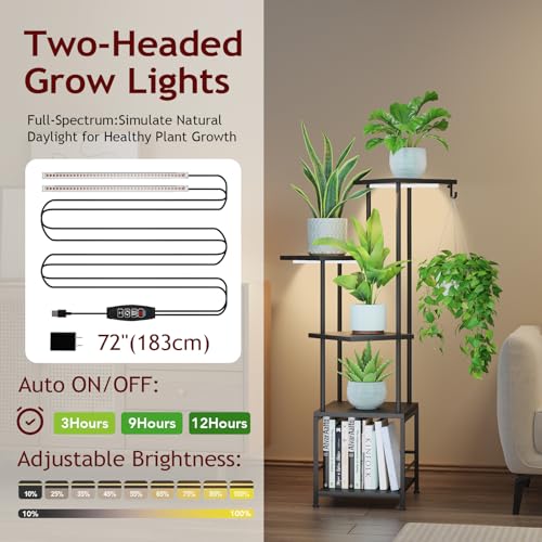Image of Homsorout Plant Stand Indoor with Grow Light - 5-Tier Metal Plant Shelf with Hanging Basket Hook, Corner Tall Flower Holder for Multiple Plants, Living Room Balcony Garden Patio, Black