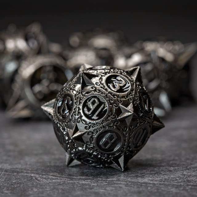 Sage's Portal Enchanted Morning Stars DND Dice Set 7-Pc Spiked Metal Polyhedral Dice for Dungeons and Dragons TTRPG Pathfinder (Nickel/Black)