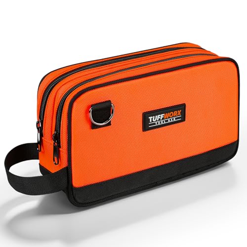 TUFFWORX Small Tool Bag, Multipurpose Zippered Tool Pouch Bag with Dual Compartment, 26 x 8 x 16 cm Portable Tool Storage Organizer, Orange