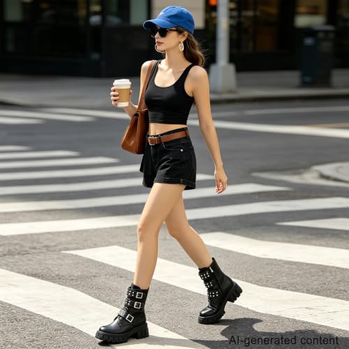 Image of MEOTINA Women Goth Boots Platform Chunky Heel Buckle Combat Ankle Booties | Edgy alt goth punk rave aesthetic for dress styling, rivets, lace up ,zip and lug sole design, black and white colors
