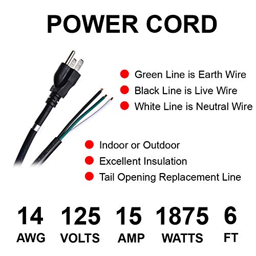 14 Awg 3 Conductor 3-Prong Power Cord With Open Wiring, 15 Amp Max, 6 Ft Replacement Power Cord With Open End, Pigtail Open Cable #TOP1