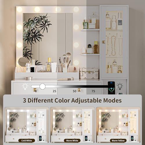Image of HUANLEGO Vanity Desk with Mirror and Lights, White Makeup Vanity Mirror with Lights Desk with 5 Drawers, Jewelry Organizer& LED Glass Cabinet, 3 Light Mode Dressing Table Set for Girls, Women