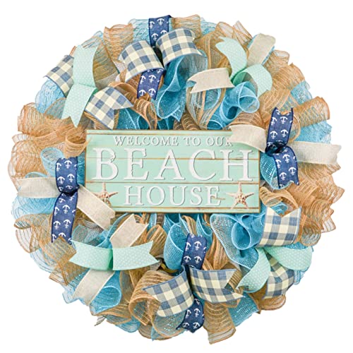 Turquoise Welcome Beach Spring Summer Mesh Wreath