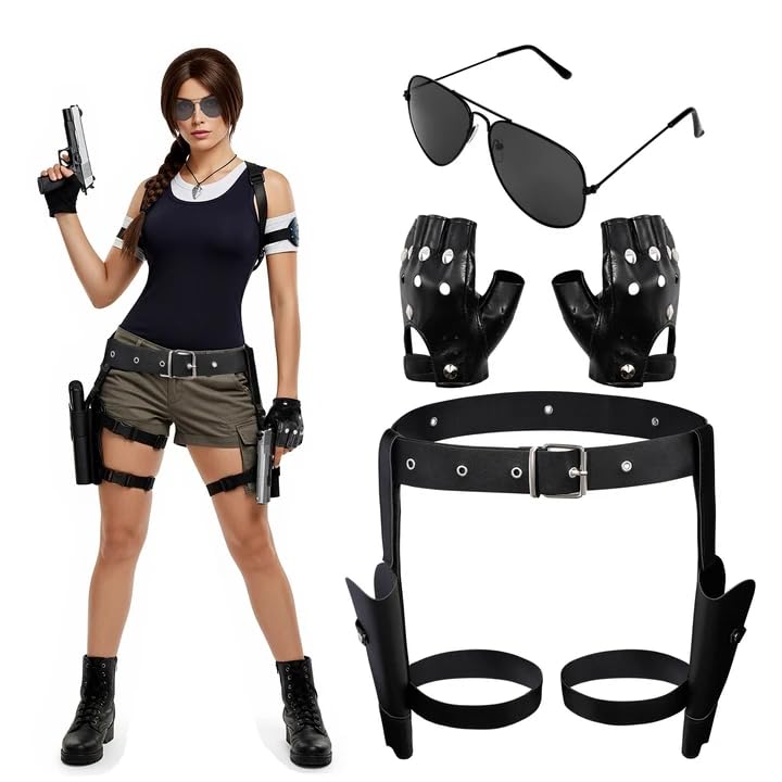 Clovilet 3 Pcs Halloween Thigh Holsters Costume for Women Include Adjustable Leg Gun Holster Glove Black Sunglasses for Halloween Party Cosplay
