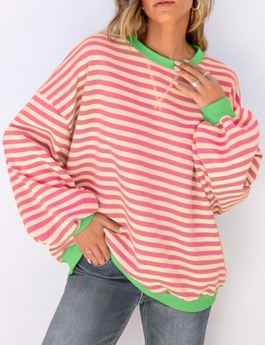 Image of UEU Women Oversized Striped Crewneck Sweatshirt Long Sleeve Color Block Pullover Tops Casual Loose Workout Shirt