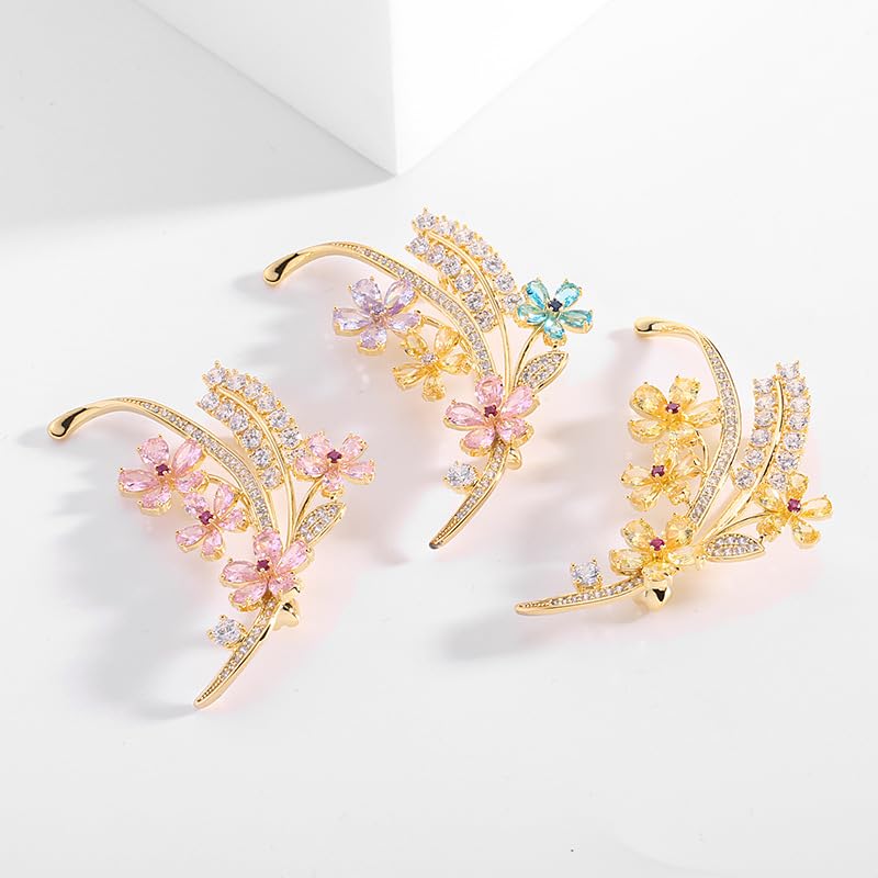 Image of 14K Gold Wheat Sheaf Brooch Embellished with Lustrous Colored Gemstone Flowers, Moissanite Accents Elevate its Elegance, Unique Botanical Jewelry Gift for Women