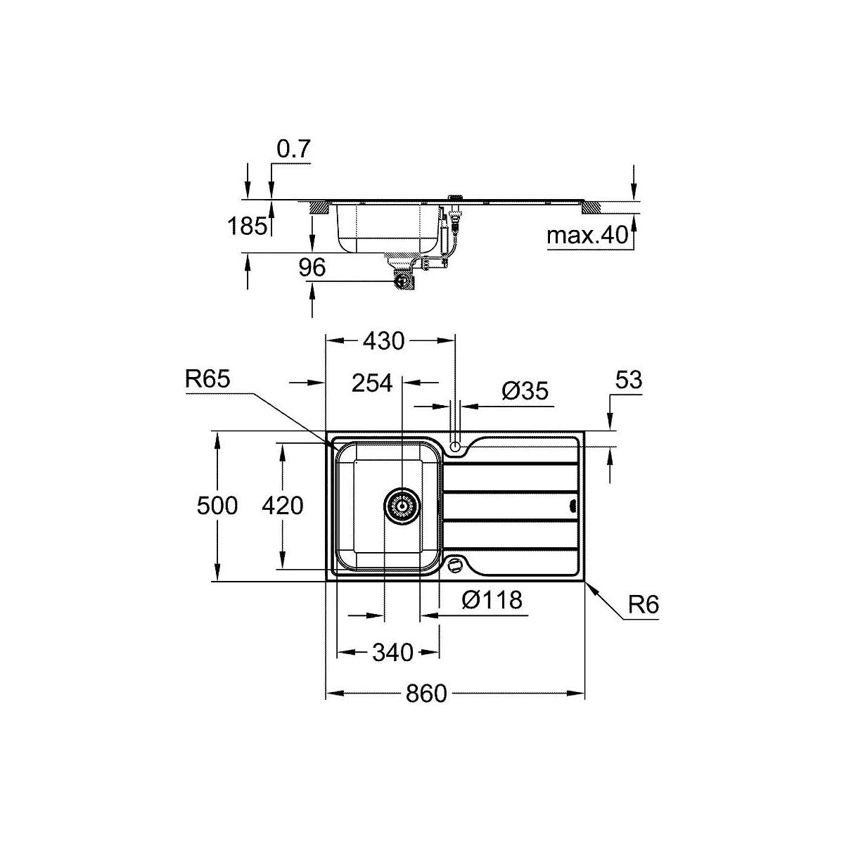 GROHE K500 | 1 Becken | Edelstahlspüle mit Abtropffläche | Ausschnittmaß: 842 * 482 mm | Zubehör: Exzenterbedienung, Ablaufgarnitur, Siebkorbventil und Montageset | Edelstahl | 31571SD1