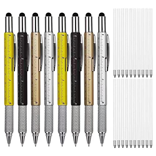 KEWAYO 8 pezzi penna multiutensile 6 in 1, con 10 blu / 10 nero ricariche sostituibili, Con stilo touchscreen superiore, cm pollici righello, livella, cacciavite, per gli uomini e donne