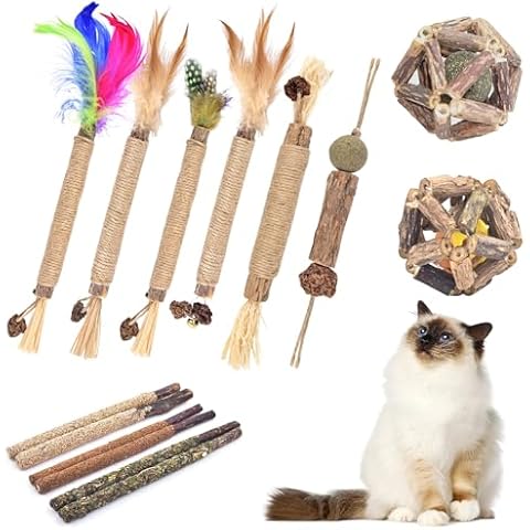 TINDTOP Cat Chew Toys, 12 Pack Silvervine Chew Sticks with 2 Pack Cage Balls for Kittens Teeth Cleaning, Matatabi Dental Care, Increase Appetite, Aggressive Chewers Cat Dental Toy Cover