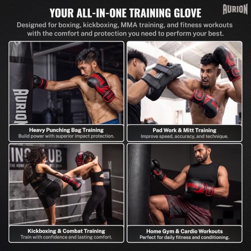 Image of Aurion Boxing Gloves 14 Oz for Men & Women| Premium PU Leather Training Gloves with EVA Foam Padding, Breathable Palm, Wrist Support & Thumb Protection | Boxing, Sparring, Kickboxing|Black-Red