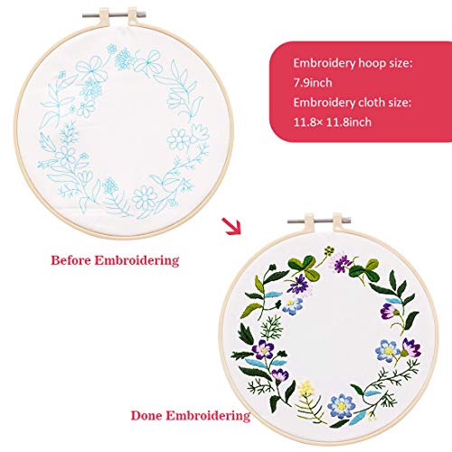 2 Pack Embroidery Starter Kit, Cross Stitch Kit Embroidery Kit for Beginners with Plants Flowers Pattern, Plastic Embroidery Hoops, Color Threads and Tools Kit