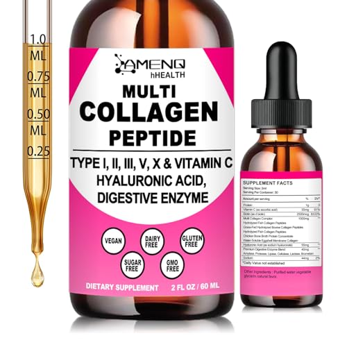 Multi Collagen Peptides Liquid Drops for Women & Men, Hydrolyzed Collagen Peptides Type (I, II, III, V, X)Proteins Complex W. Hyaluronic Acid, Biotin & Vitamin C, Support Hair Skin Joint & Gut Health